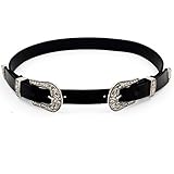 MoYoTo Women's Fashion 25mm Retro Carved Double Buckle Western Thin Leather Belt (Double Buckle(Sliver-Black))