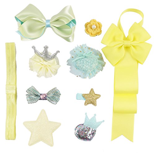 Ncmama Baby Girls Boutique Yellow Ribbon Hair Bows Glitter Crown Headband Clips Holder for Infant Toddler Kids Pack of 10
