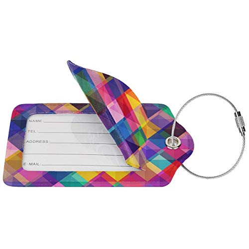 COWDIY PU Leather Luggage Tag, Colorful Geometric Pattern Suitcase Baggage Label Tags, Business ID Card Holders Gifts for Travels Set of 2 (Orange)