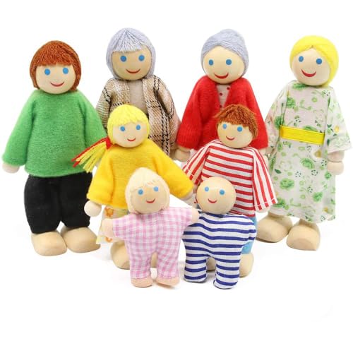 KOWVOWZ Dollhouse Family Figures, Wooden Doll Family People of 8 Figures, Wooden Doll House People for Girls Toddler Kids Dollhouse Accessories Toy