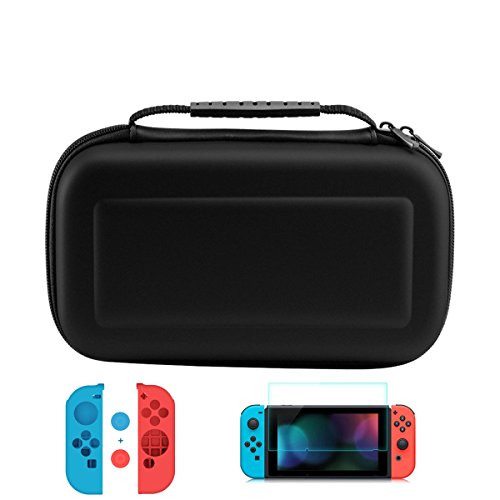 2017 Nintendo Switch Carrying Game Traveler Deluxe Travel Case with 2PCS HD Flim Tempered Glass Screen Protectors， Silicone gel guards with Thumb Grips Caps Complete Combination