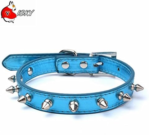 Visky Dog Collar,Puppy Kitten Leather Rivets Studded Adjustable Collars, Necklaces with Bling Fluorescence PU Leather (Medium,Blue)