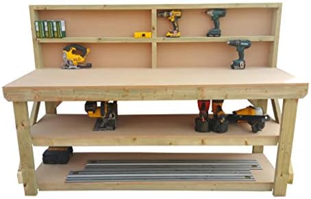 GMS TIMBER LTD Wooden MDF Workbench With Back and Double Shelf - Work Table Handmade Strong Heavy Duty - Made From Construction Grade Timber (5FT)