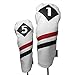 Majek Retro Golf Headcovers White Red Black Vintage Leather Style 1 & 5 Driver Fairway Head Cover Fits 460cc Drivers Classic Look