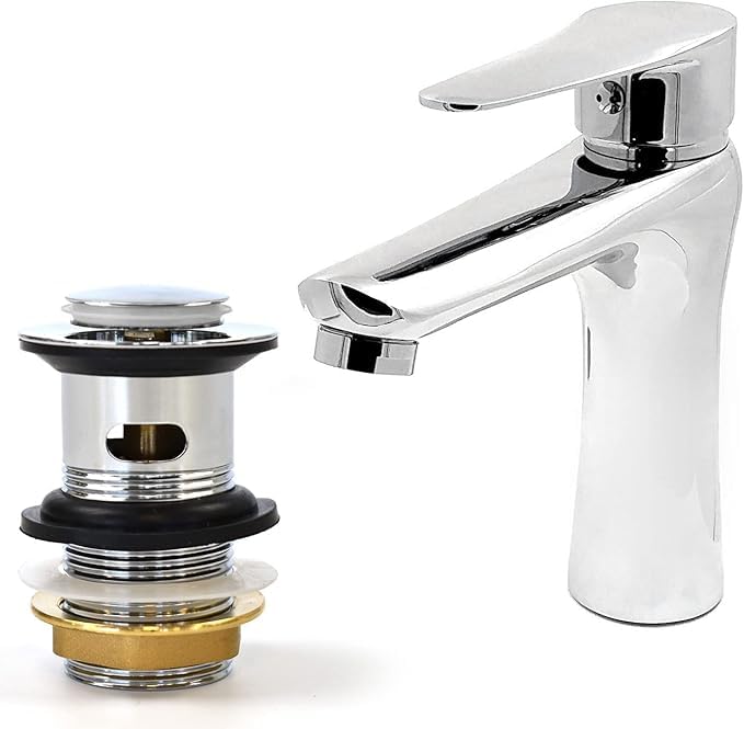 Xcel Home Basin Mixer Tap with Click Clack Waste | Modern Round Mono-Bloc Bathroom Cloakroom Sink Luxury Lever Faucet