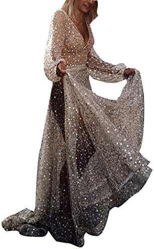 Sonojie Clearance sale Women Sexy Lace Sequin Long Sleeve Backless Perspective Hollow V-Neck Long Party Elegant Wedding Dress for Formal Evening Party Prom