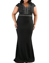 8830 - Plus tamaño sirena Rhinestone frontal corpiño festoneado escote Maxi vestido