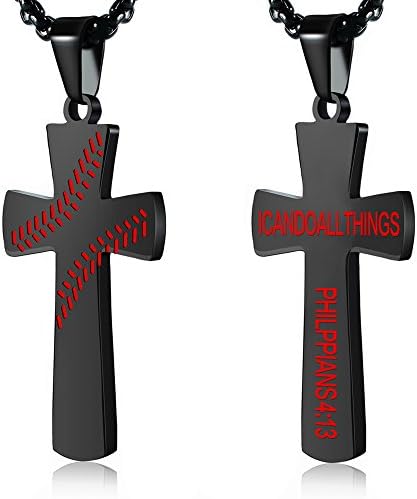 WELLWEEL Baseball Cross Necklace, I CAN DO ALL THINGS Bible Verse Stainless Steel Baseball Cross Pendant