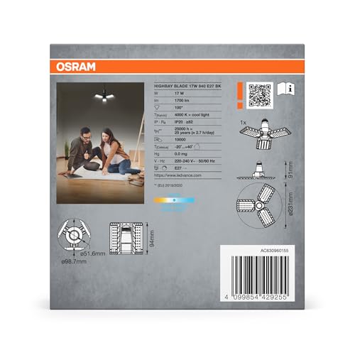 OSRAM Highbay Blade Deckenlampe in Schwarz, Kunststoff, mit verstellbaren Lichtflügeln, bietet 17 W bzw. 1700 lm in Neutralweiß mit 4000 K, E27 Schraubgewinde, 231 mm Durchmesser, IP20 8