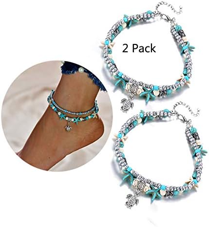 FiveLucky 2 Pack Vintage Shell Pearl Anklets Set Infinity Starfish Colors Bead Flower Beach Foot Chain