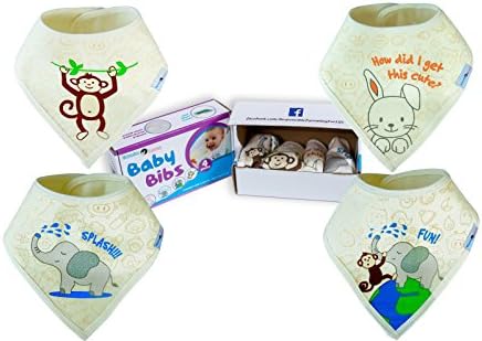 Unisex Baby Bandana Drool Bibs - Extra Large Waterproof Bibs with Snaps for Toddlers and Babies (Animal Design, Set of 4, Triple Layered)