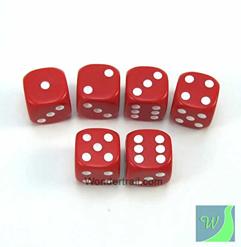 WKP10884E6 Red Opaque Dice with White Pips D6 16mm (5/8in) Rounded Corners Pack of 6 Dice Koplow Games