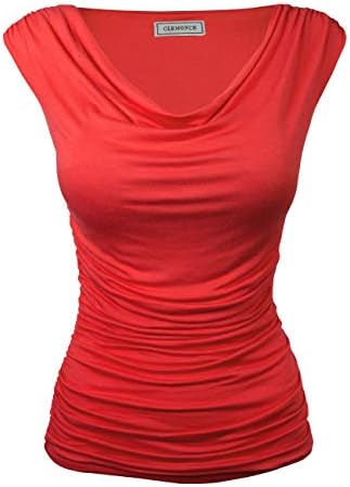 CLEMONCE Double Lining Cozy Cowl Neck Ruched Side Fitted Top S to 3XL