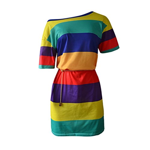 Dress-Han Shi Women Summer Striped Print Short Sleeve Crew Neck Sundress (Multicolor, XL)