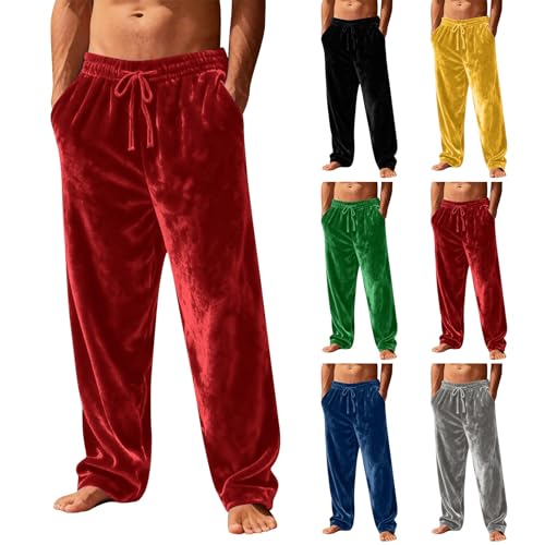 Mens Plush Pajama Pants Winter Warm Trousers Fluffy Soft Fleece Sleep Pant Plain Lounge Pjs Bottoms with Pockets Loose Fit Joggers Tracksuit Bottoms for Mens Gift (Red, M)