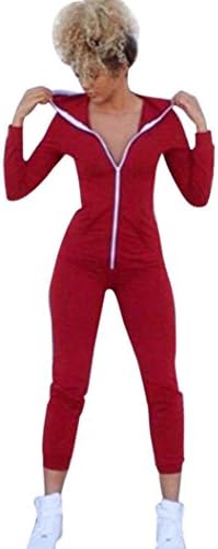 Sport Suit Bodysuit,NOMENI Women Long Sleeve Zipper Hooded Jumpsuits Playsuit (Red, M)