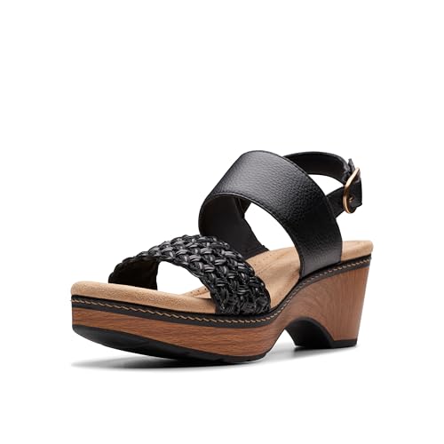 Clarks Collection Women's Seannah Step Wedge Sandal, Black Leather, 7.5 Wide US