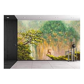 Original Oil Painting of Deer on The Edge of a Cliff in a Mountain Forest on Canvas. Modern Impressionism Art - Removable Wall Mural | Self-Adhesive Large Wallpaper - 66x96 inches