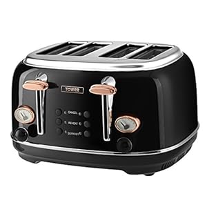 Tower Bottega T20017 4 Slice Stainless Steel Toaster with Variable Browning Control, Defrost and Reheat Settings, Black…