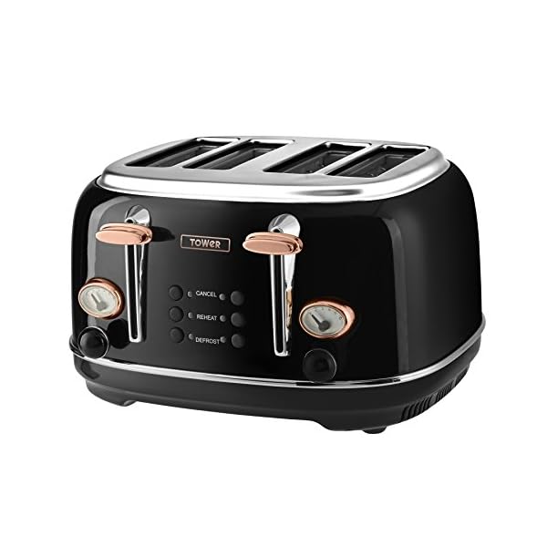 Tower Bottega T20017 4 Slice Stainless Steel Toaster with Variable Browning Control, Defrost and Reheat Settings, Black…