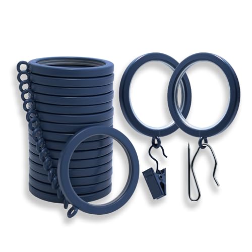BlastHome® Luxury Curtain Rings – Premium Metal with Quiet, Smooth Nylon Inserts – Pinhooks and Clips Included – 1 1/2" Inside Diameter – 18 Rings for Two Standard Curtains – Indigo Blue