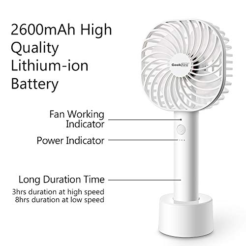 Geek Aire Personal Handheld Mini Fan 5 Speed Settings USB Rechargeable Battery Operated Fan Cordless Electric Fan Portable Cooling Desktop Fan for Home Office Household Travel Outdoor (White)