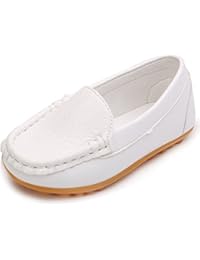 LONSOEN Toddler/Little Kid Boys Girls Soft Synthetic Leather Loafer Slip-On Boat-Dress Shoes/Sneakers,White,SHF103 CN24
