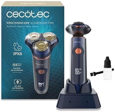 PrecisionCare Aluminium Pro Rotationsrasierer, 80 Minuten Laufzeit, LCD-Display, Titanklingen, 8000 U/min, wasserfest, IPX6, Doppelklingentechnologie, Ladestation