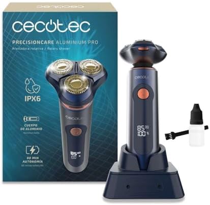 Rasoio Rotativo PrecisionCare Aluminium Pro. Autonomia 80min, Display LCD, Lame Titanio, 8000rpm, Resistente all'Acqua IPX6, Tecnologia Doppia Lama, Base Ricarica