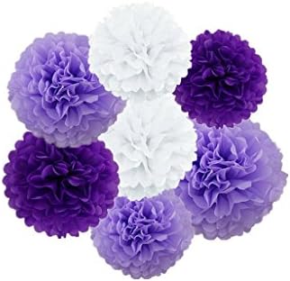 Hanzen 7 Pcs Mixed 10" 14" White Purple Light Purple Tissue Paper Pom Poms Flower Balls For Birthday Wedding Party Baby Shower Outdoor Decorations