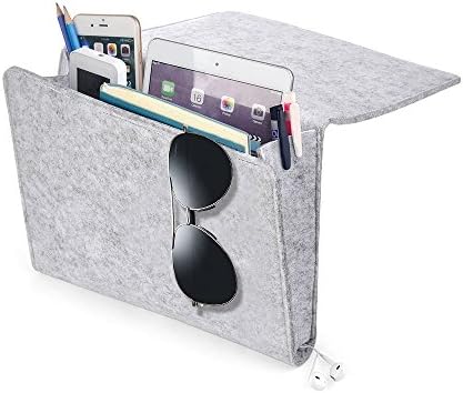 Bedside Caddy, YUEMI Bed Caddy Organizer with 1 Large and 2 Small Pockets for Remote Tablet Phone Bedside Gadget Book Magazine Storage Holder (Light Grey)