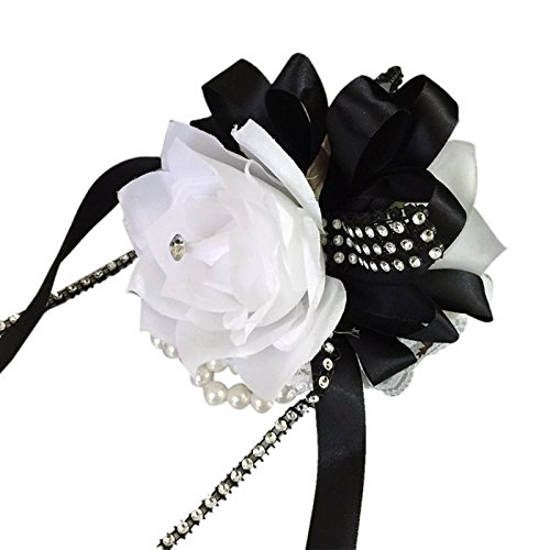 Wrist Corsage-white Roses with Black Ribbon and Bling
