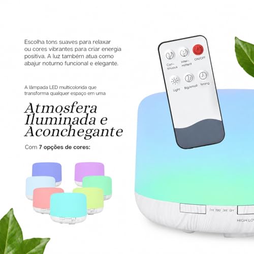 Difusor De Aromas, Umidificador De Ar Ultra-Sônico 500Ml, Difusor De Óleo Essencial, Abajur Led, Lâmpada Colorida Com Controle Remoto Branco Premium