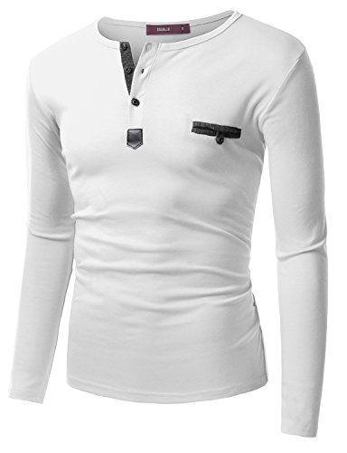 Doublju Mens Long Sleeve Leather Point Henley T-shirts