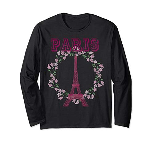Unisex paris france floral wreath eiffel tower long sleeve t-shir…