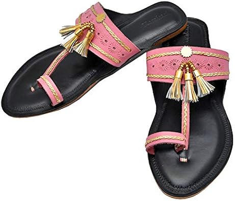 Amazon.com | KORAKARI - Women Kolhapuri Slippers Baby Pink Upper with Golden Pom-Pom and Dark 