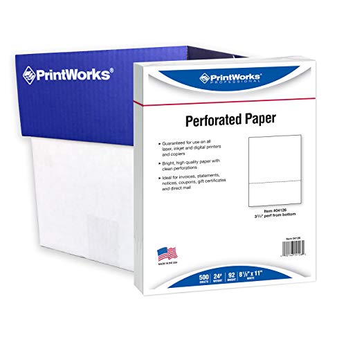 PrintWorks Professional Paper, 8.5 x 11, 24 lb, 1 Horizontal Perf 3.66" From Bottom, 2500 Sheets, White (04126C)