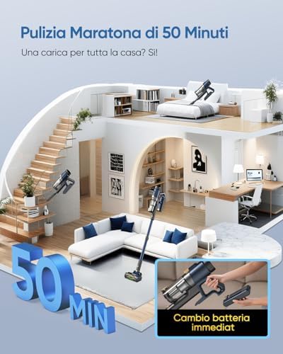 Aspirapolvere Senza Fili 58000Pa/ 50Min Aspirapolvere Lavapavimenti Potente Scopa Elettrica Senza Fili Ultraleggero,Antigroviglio,V12 Aspirapolvere Senza Sacco