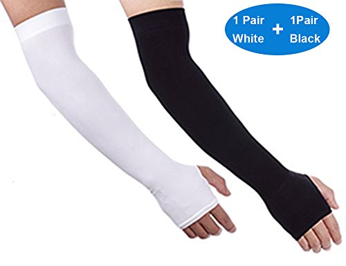COME-ON 2-Pairs Unisex Outside Athletic Hand Cover Cooling UV Protection Arm Sleeves(1 Pair White + 1 Pair Black)