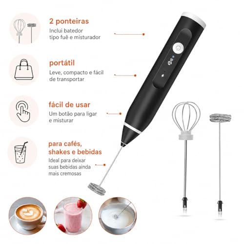 Mixer Recarregável USB Portátil Elétrico, batedor misturador para cozinha e escritório, prepare shake, vitamina e café em segundos, uso fácil, bateria interna de longa duração sem fio com 3 Acessórios