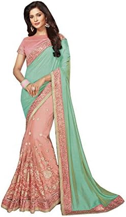 Fashions Trendz Indian Sarees For Women Wedding Designer Party Wear Pink+Sea Green Art Silk+Net Sari In Pink+Sea Green Art Silk+Net