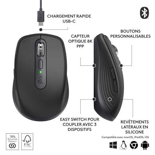 MX Anywhere 3S Souris Sans Fil Silencieuse, Compacte, Défilement Rapide, Suivi toute Surface en 8K DPI, Boutons Programmables, USB C, Bluetooth, Windows PC, Linux, Chrome, Mac - Graphite
