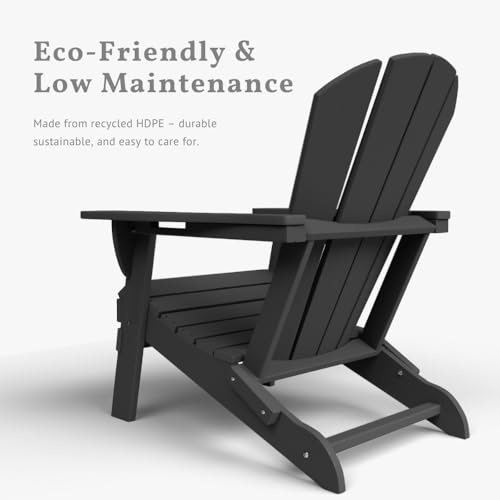 Patio Kingdom Folding Adirondack Chairs with Cup Holders, Set of 6 HDPE Plastic Outdoor Chairs, Weather Resistant, Real Wood Look, Heavy-Duty Patio Furniture for Deck, Fire Pit, Backyard, Black