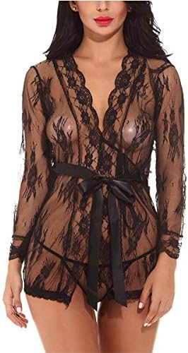 EESIM Women's Lace Kimono Robe Mesh Babydoll Lingerie Chemise Short Sheer Nightgown Lingerie Chemise Set