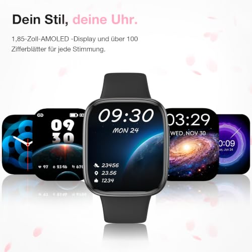 Smartwatch Women Men, 1.85 Inch AMOLED Touch Screen, Fitness Tracker with Bluetooth Calls & AI, Heart Rate, SpO2, Sleep & Women's Cycle Tracking, 100+ Sports Modes, 3ATM Waterproof for iOS & Android