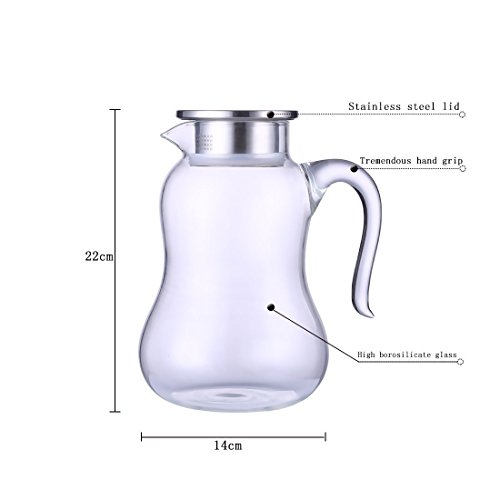 2 Litre Water Carafe Double Wall Glass Pitcher with Stainless Steel Flow Lid, Borosilicate Water Jug for Hot/Cold Water, Coffee, Ice Tea, Juice Beverage, Decanting and Serving Wine GYBL425