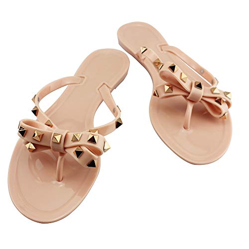 Utop Womenâ€™s Rivets Bowtie Flip Flops Jelly Thong Sandal Rubber Flat Slipper Summer Beach Rain Shoes Womens Gold Rivet Studded Bow Jelly Thong Flip Flop Sandals (US7.5=EU39=24.5CM, Beige Pink)