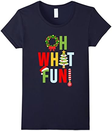 Womens Oh What Fun Christmas T-Shirt With Wreath And Tree Medium Navy