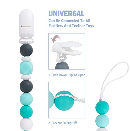 Baby Pacifier Clip, MCGMITT Silicone Teether Beads Binky Holder Teething Relief BPA Free for Girls Boys, 2 Pack Shower Gift Set (Turquoise+Blue)