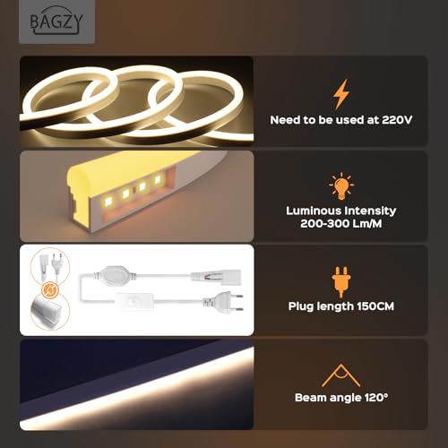 BAGZY Waterproof Outdoor LED Strip 50 m White LED Strip 220 V Neon Strip Light IP65 Waterproof Flexible Indoor Cut-Off Included Mains Adapter for Bedroom Kitchen